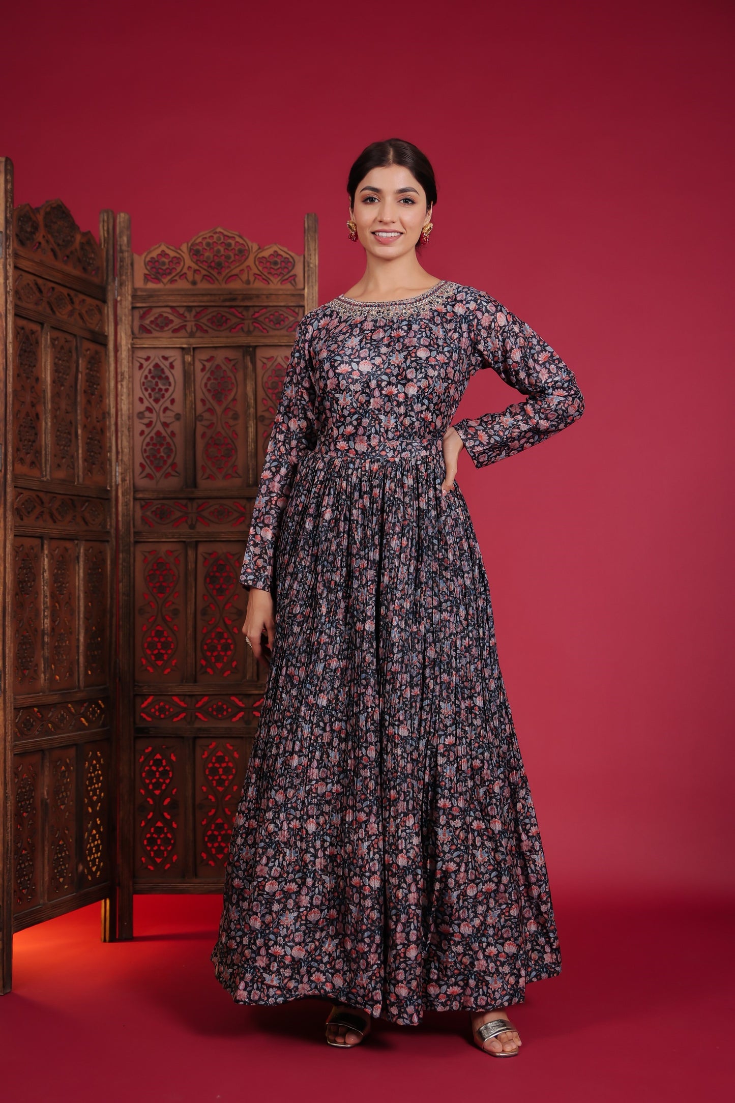 Midnight Blue Blossom Print Paper Silk Gown