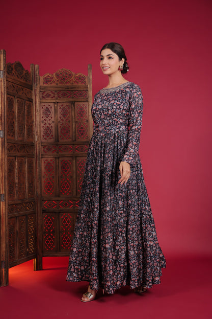 Midnight Blue Blossom Print Paper Silk Gown