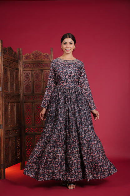 Midnight Blue Blossom Print Paper Silk Gown