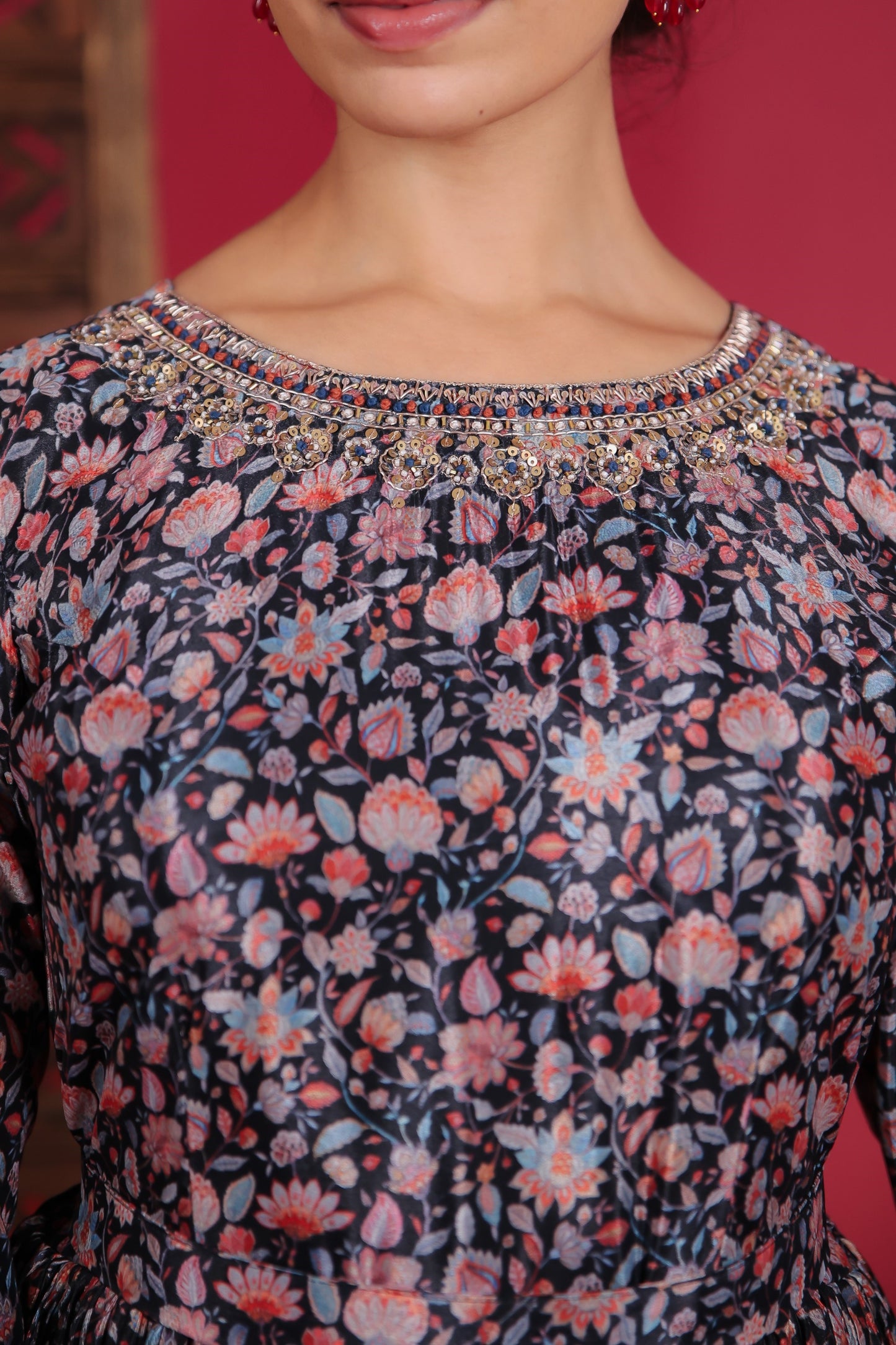 Midnight Blue Blossom Print Paper Silk Gown