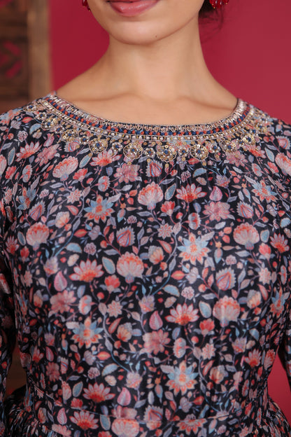 Midnight Blue Blossom Print Paper Silk Gown