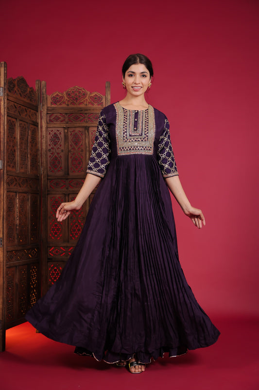 Dark Purple Flared Anarkali With Resham, Zari And Gota Work