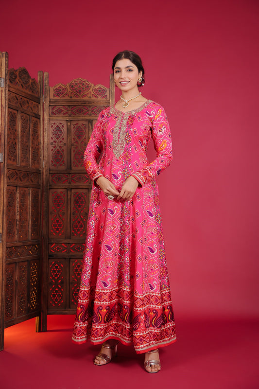 Fuchsia Pink Ikat Printed Anarkali Gown With Dupatta