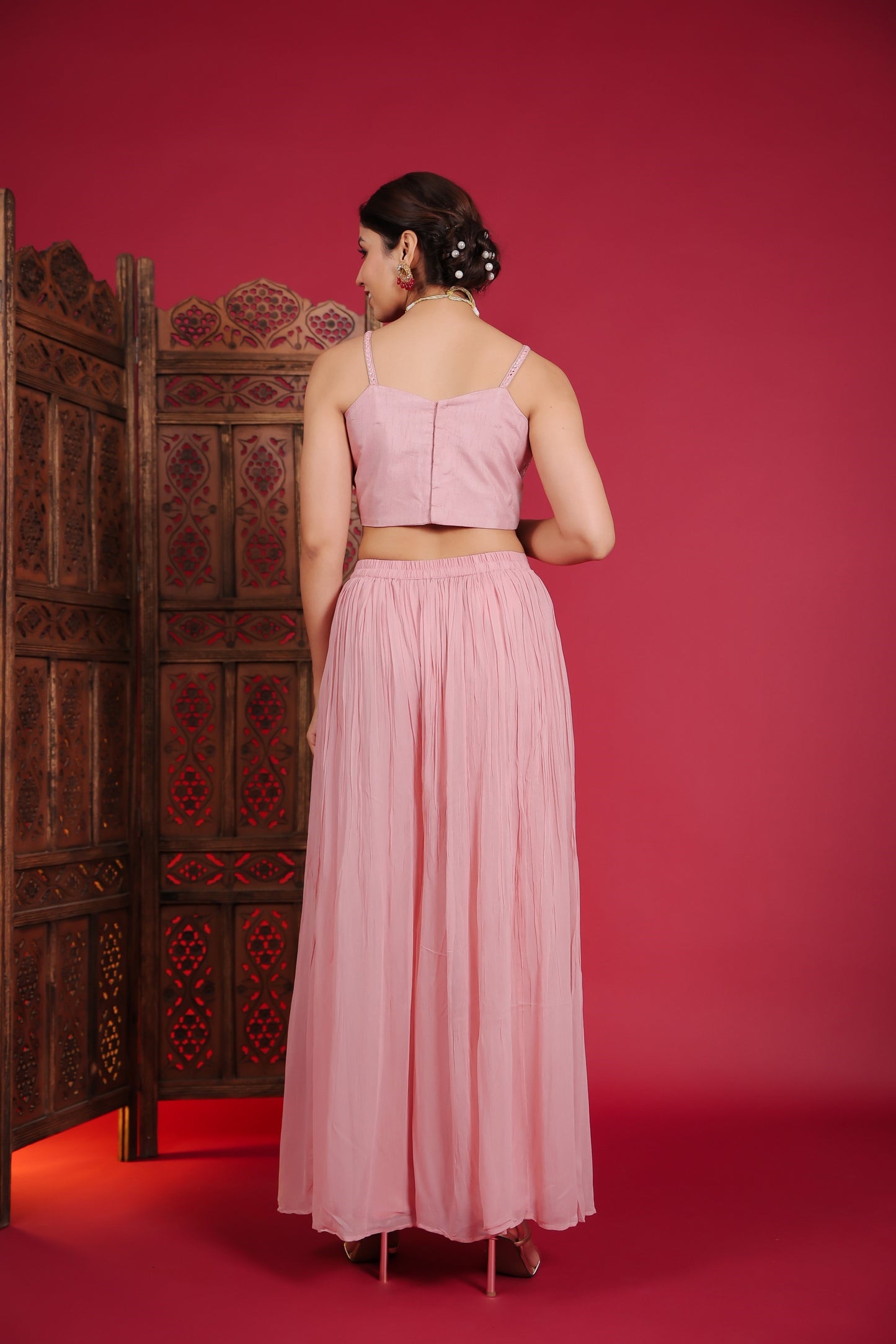 Rose Pink Abla Work Crop Top With Palazzo And Jacket