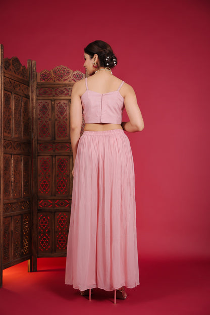 Rose Pink Abla Work Crop Top With Palazzo And Jacket
