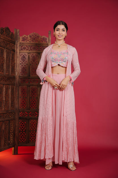 Rose Pink Abla Work Crop Top With Palazzo And Jacket