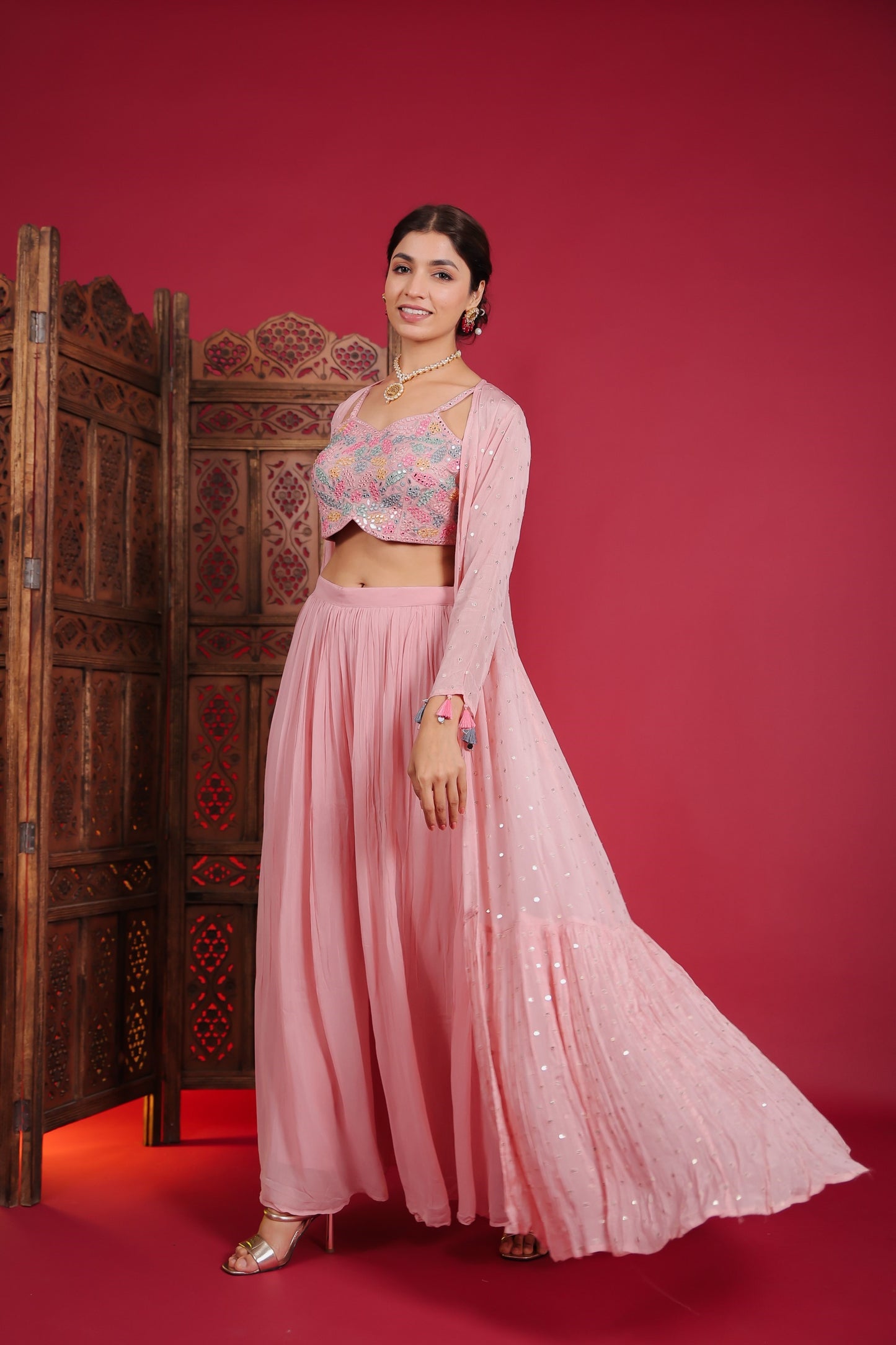 Rose Pink Abla Work Crop Top With Palazzo And Jacket