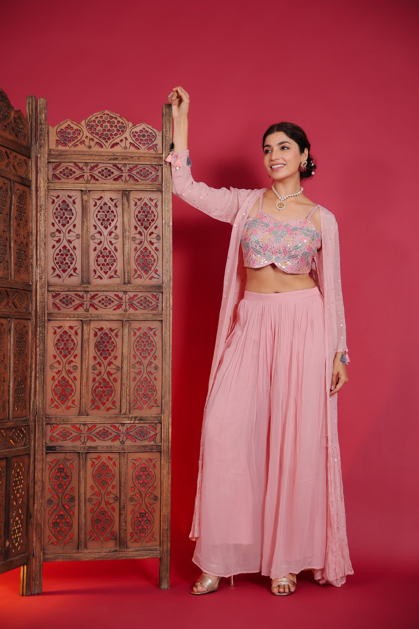 Rose Pink Abla Work Crop Top With Palazzo And Jacket