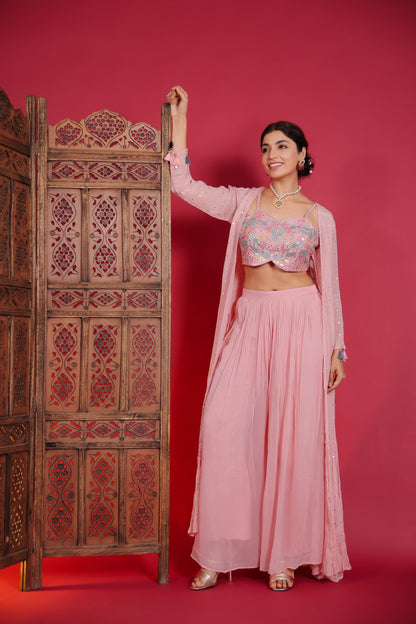 Rose Pink Abla Work Crop Top With Palazzo And Jacket