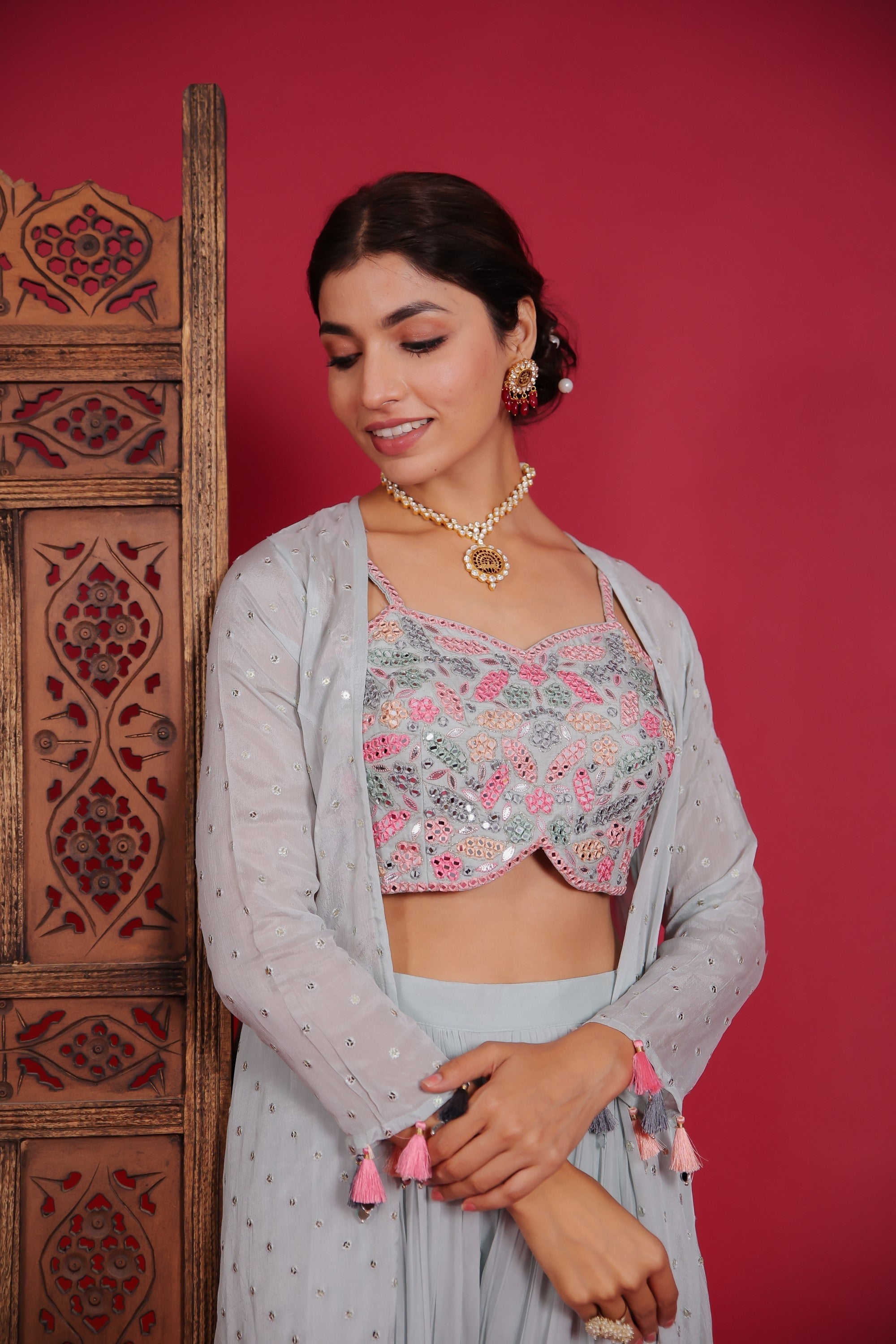 Multicolor Printed Crop Top Jacket and Palazzo Set in Satin – AMRUT