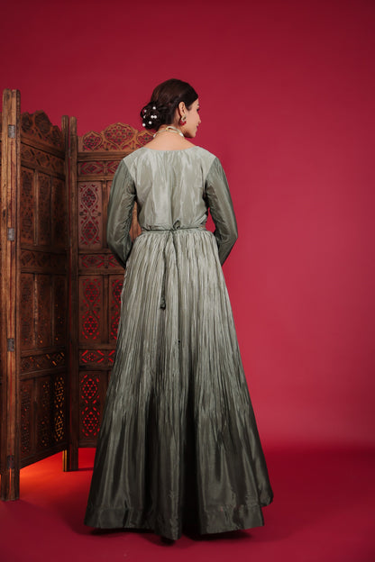 Chinnon Silk Omre Green Resham Work Gown