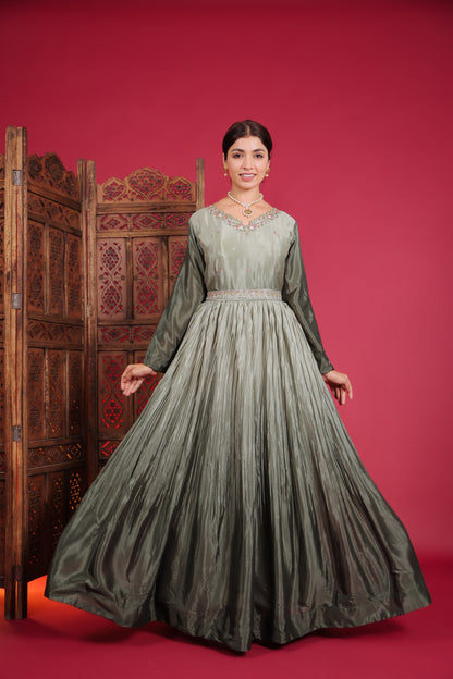 Chinnon Silk Omre Green Resham Work Gown