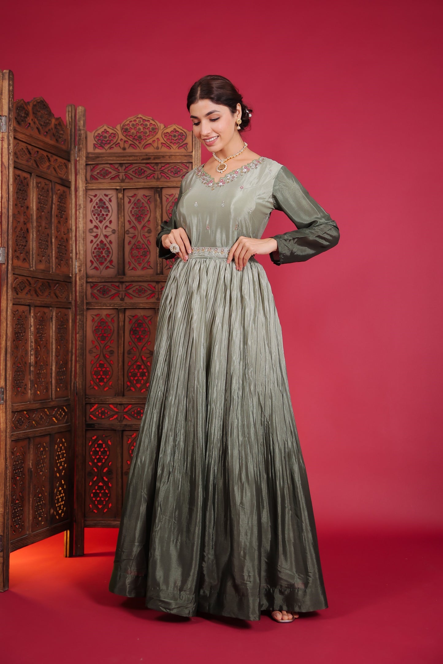 Chinnon Silk Omre Green Resham Work Gown