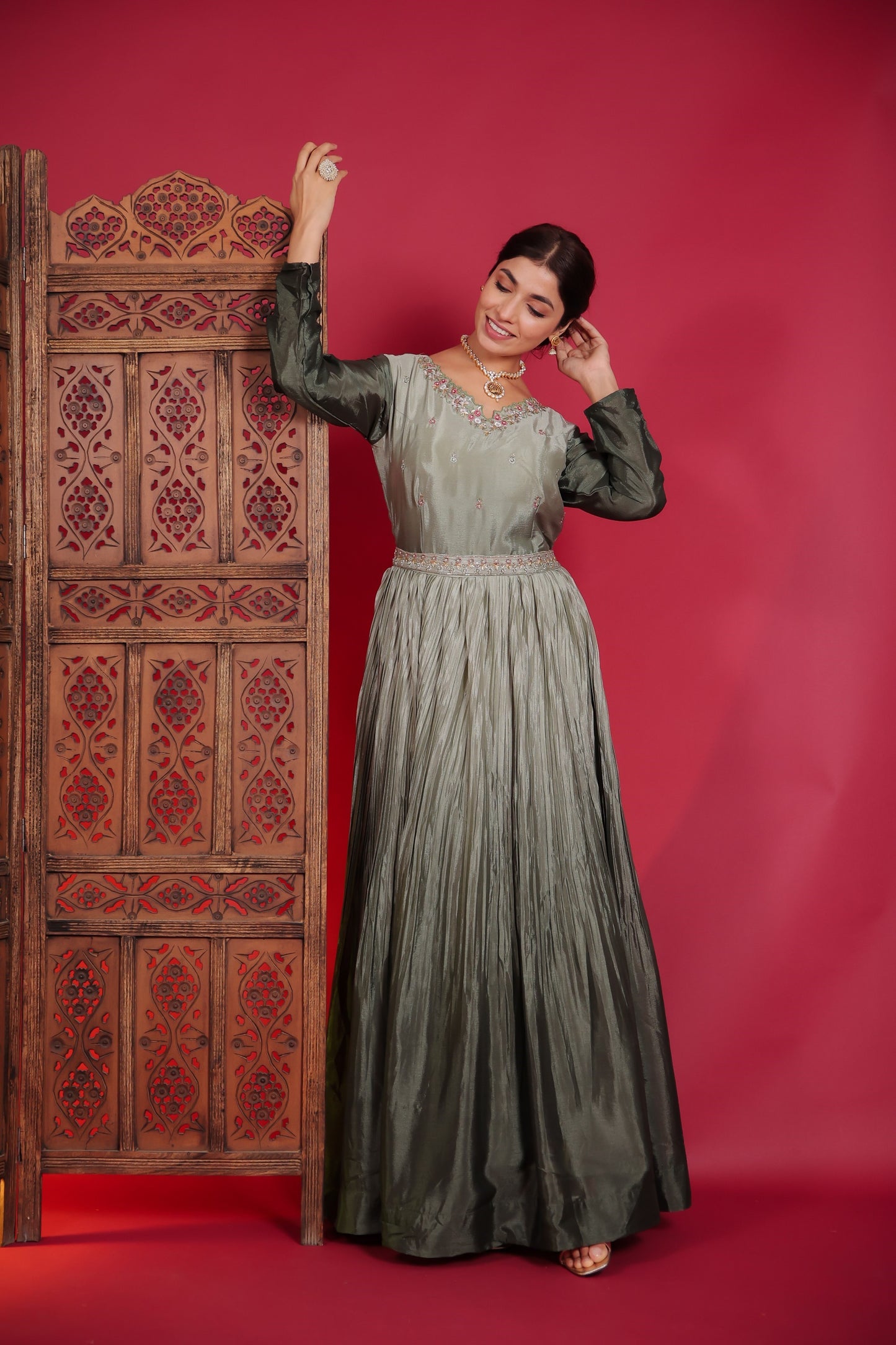 Chinnon Silk Omre Green Resham Work Gown