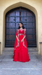 Embellished Garnet Red Organza Fusion Wear Dress
