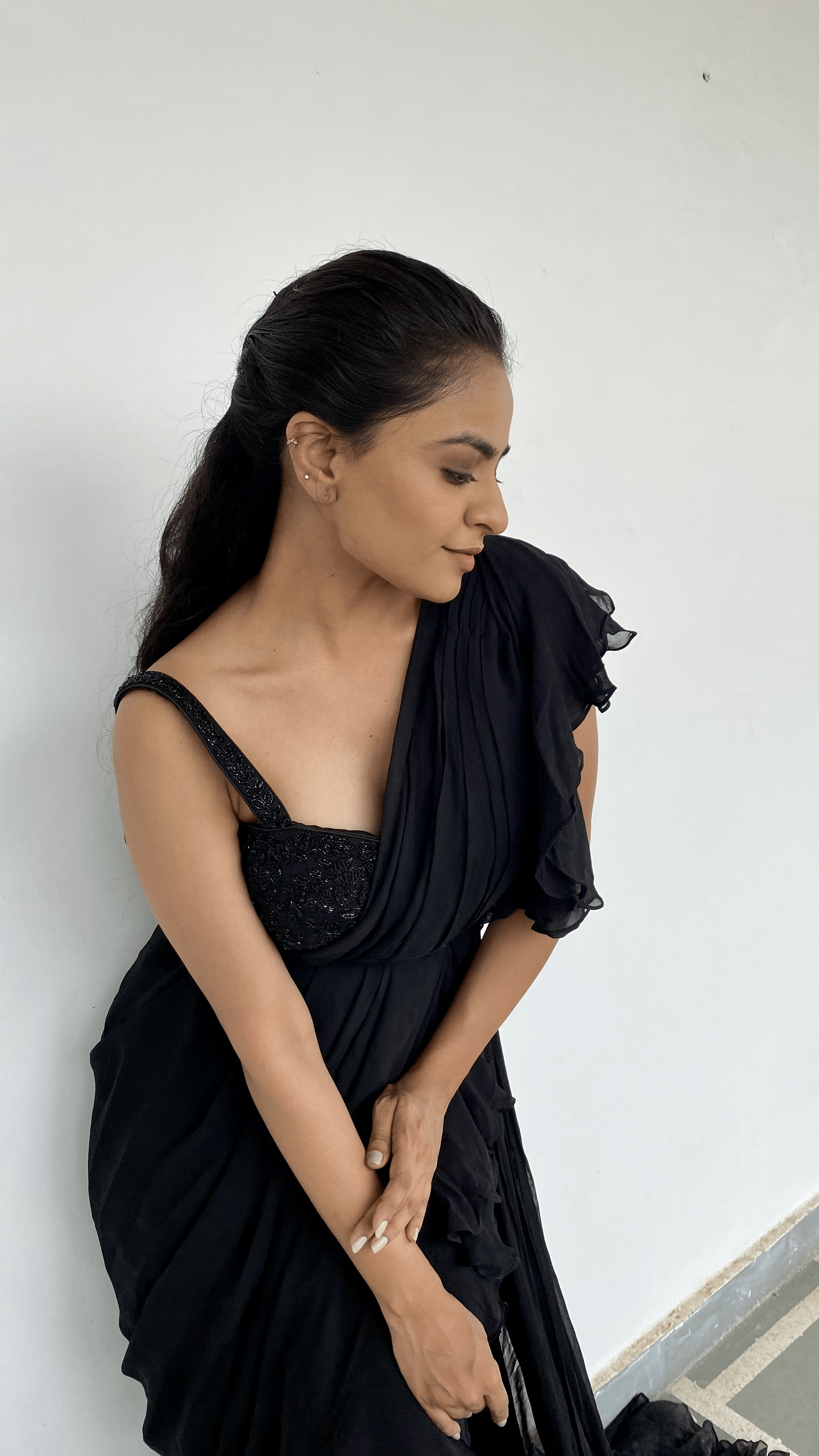 Client In Black Ruffle Saree – LIBAS CAFE