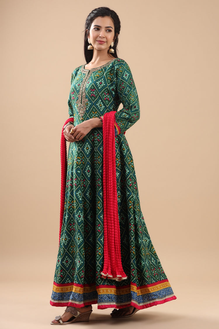 Green Ikat Printed Anarkali Gown