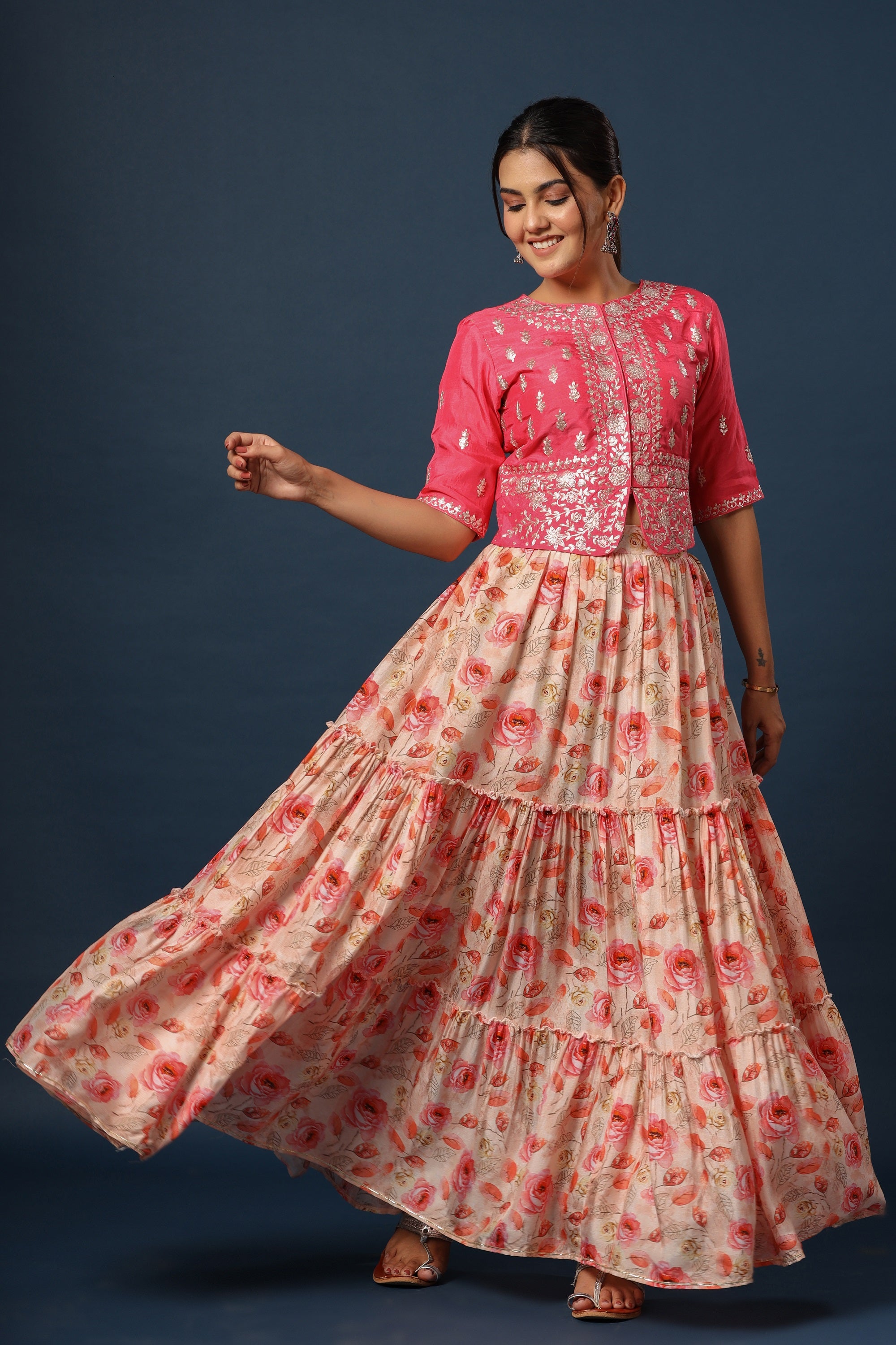 Floral crop top and long outlet skirt