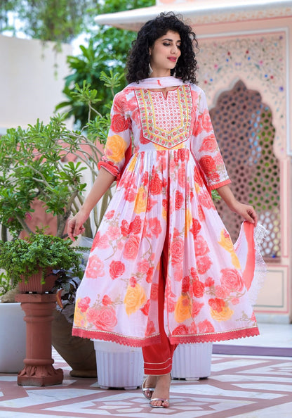 White Cotton Front Slit Anarkali With Pant And Dupatta