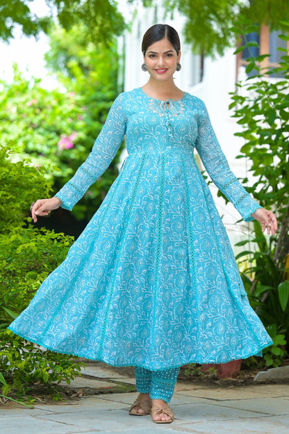Baby Blue Cotton Silk Printed Anarkali Set