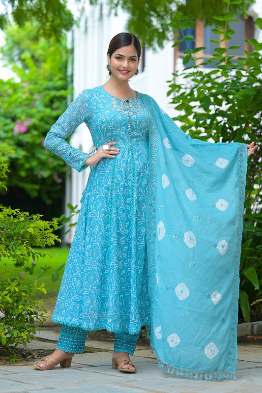 Baby Blue Cotton Silk Printed Anarkali Set