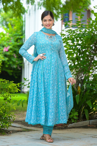 Baby Blue Cotton Silk Printed Anarkali Set