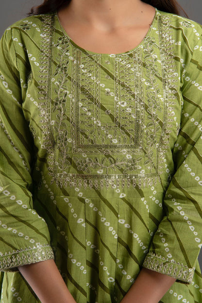 Mehendi Green Embroided Cotton Silk Anarkali Kurta Set