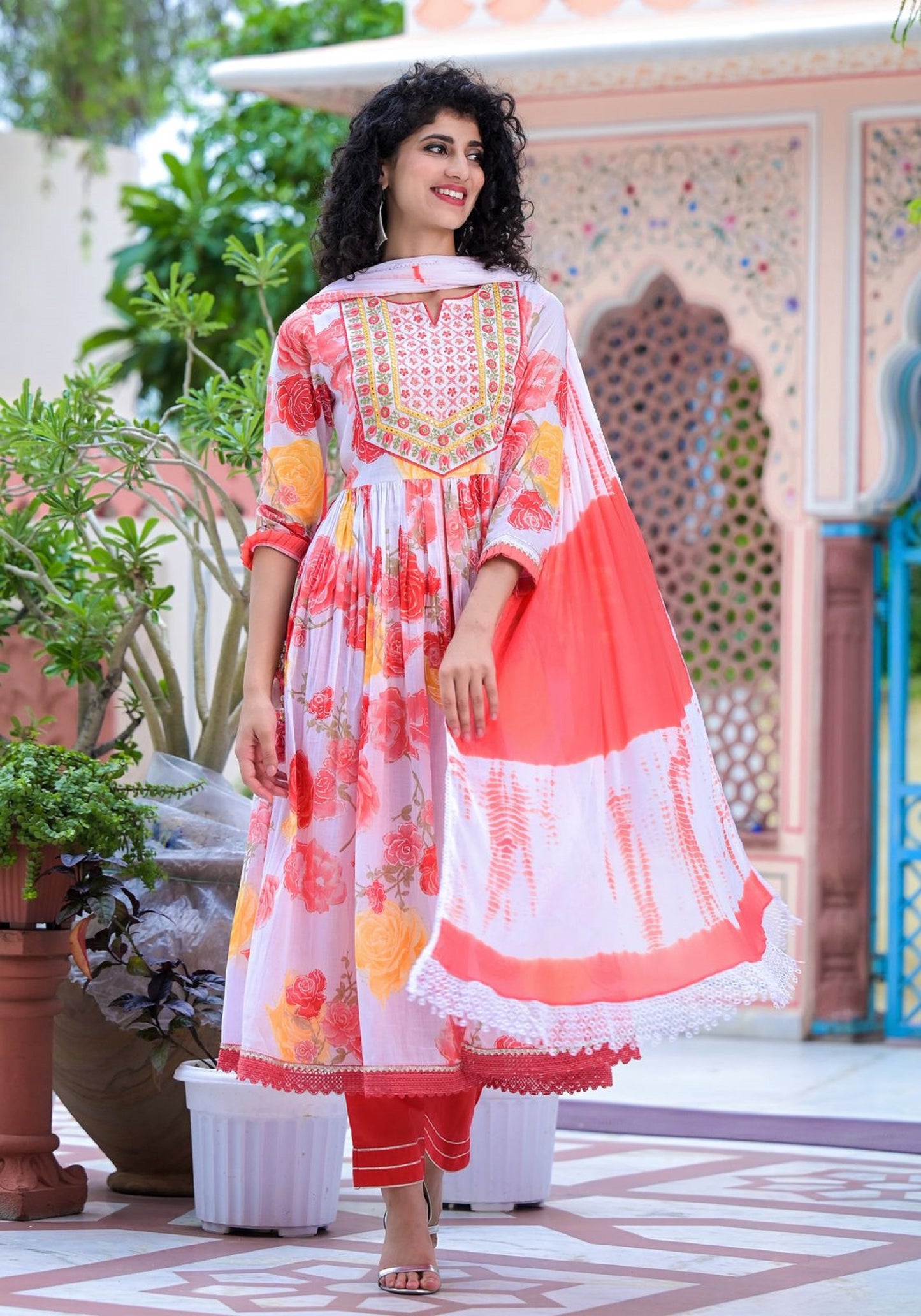 White Cotton Front Slit Anarkali With Pant And Dupatta