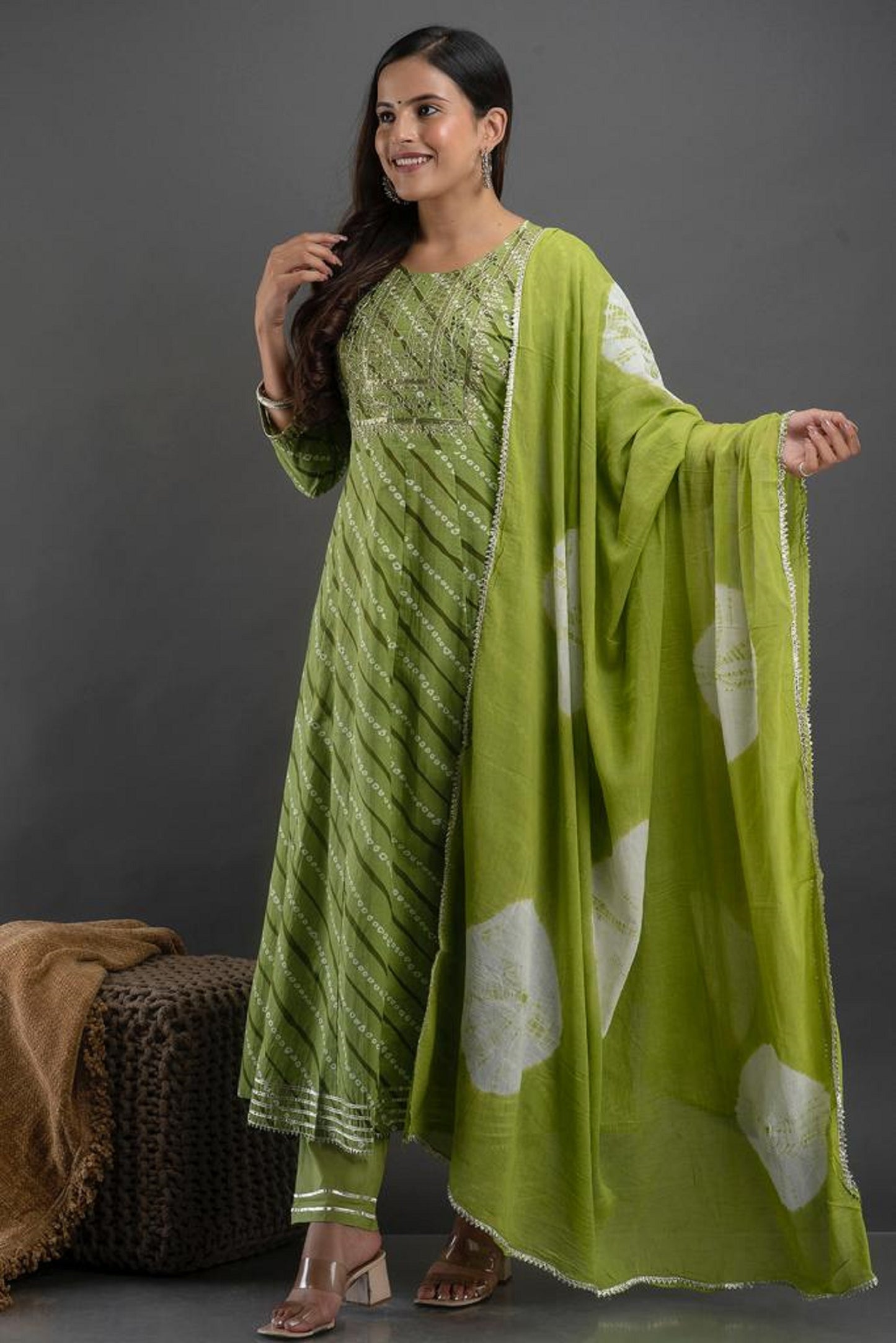 Mehendi Green Embroided Cotton Silk Anarkali Kurta Set